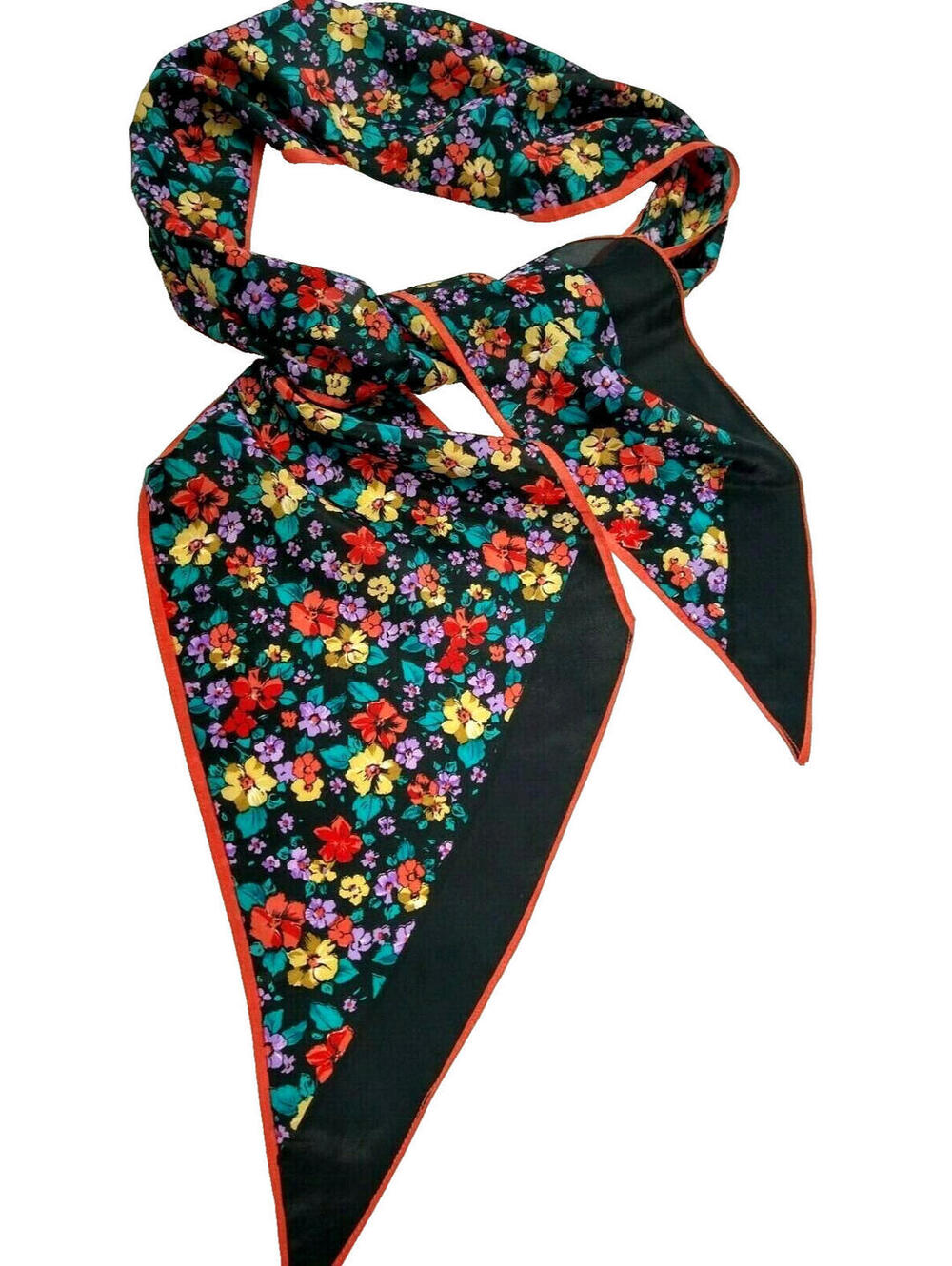 Floral Black Triangle Scarf with Orange Trim - Women Accessories